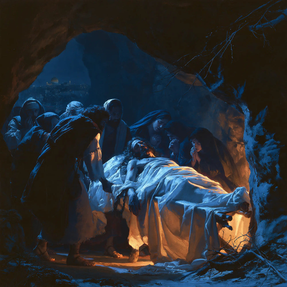 Entombment of Jesus Christ in Midnight-blue Chiaroscuro style, square Christian artwork no. 1