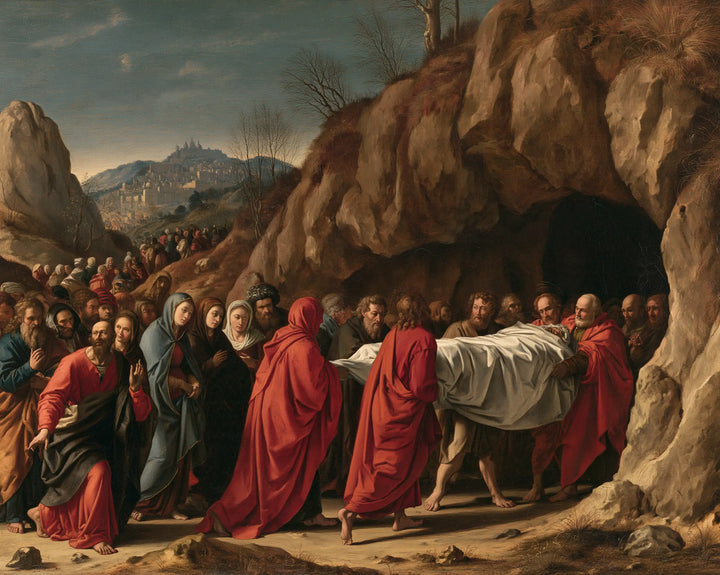 The Entombment of Jesus Christ — Red Cloaks Before the Black Doorway