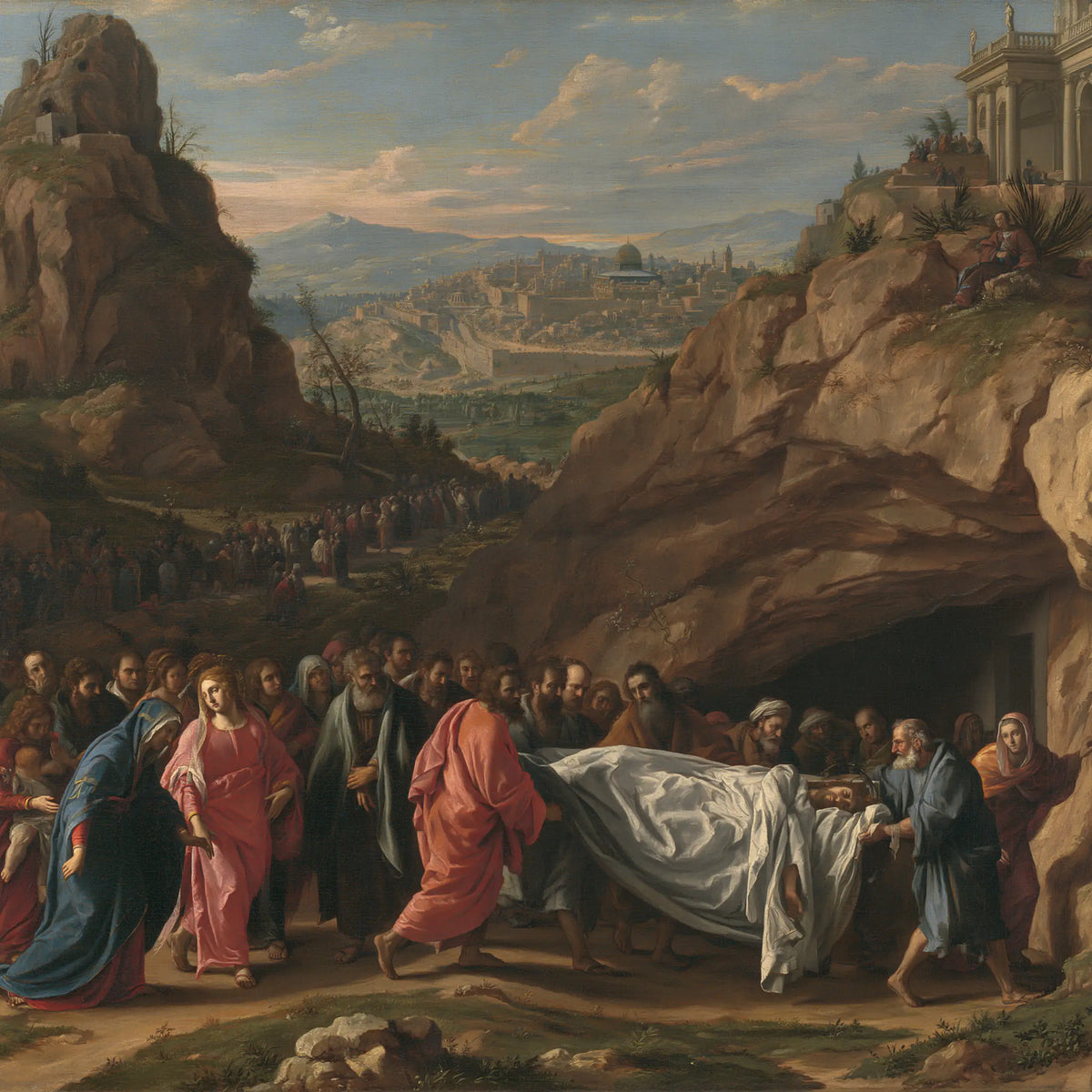 Entombment of Jesus Christ in Sacred Monumental View style, square Christian artwork no. 3