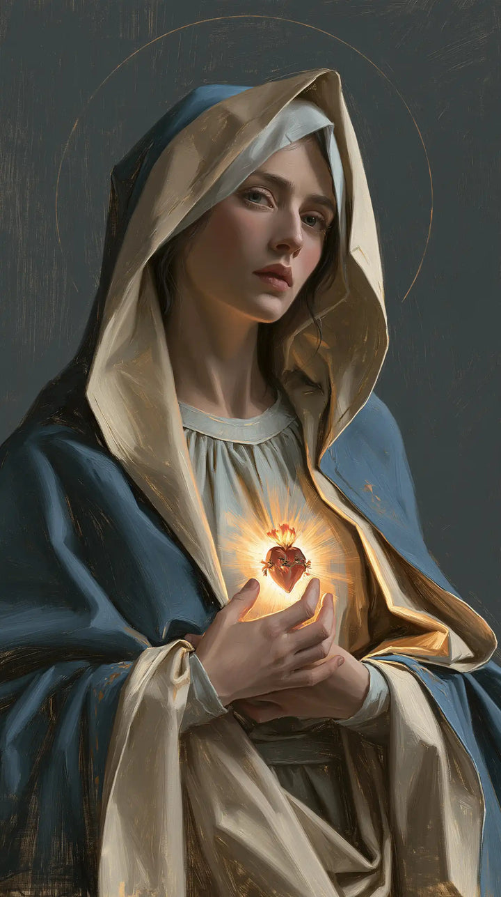 The Immaculate Heart of Mary — The Heart Held in Grey Daylight