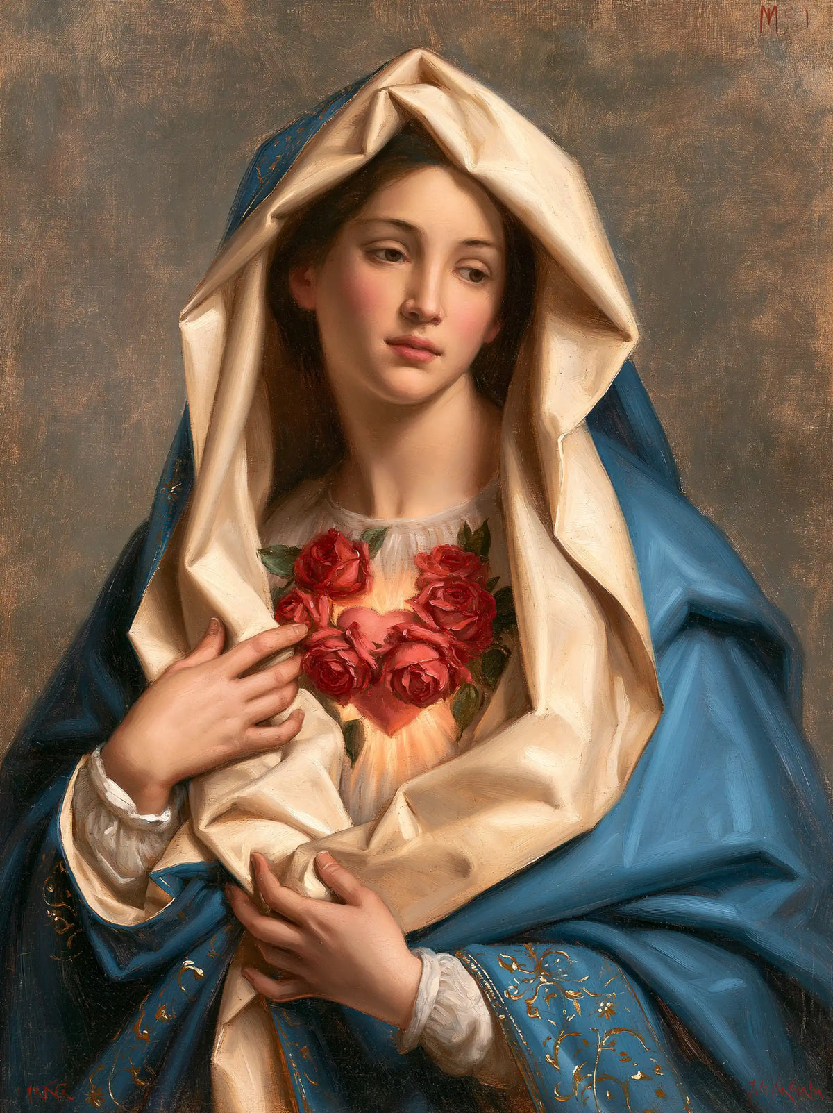 The Immaculate Heart of Mary — The Crimson Bouquet Between Ivory Folds