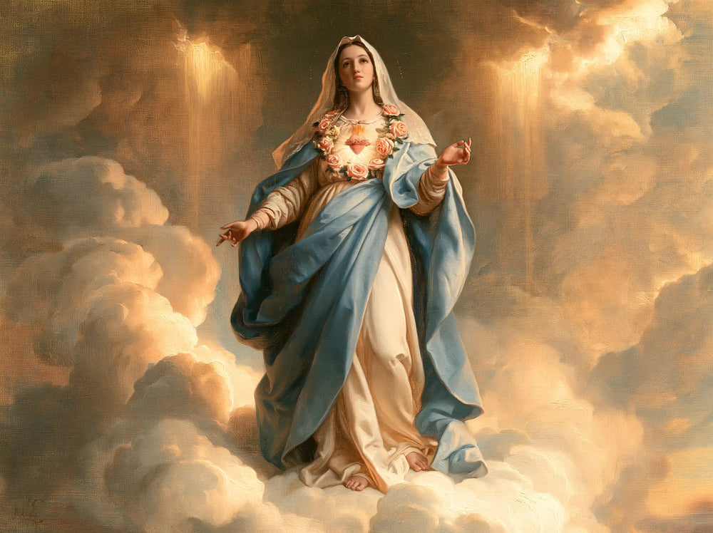 Mary upon the clouds with her Immaculate Heart in Mary upon the Clouds with the Immaculate Heart style, landscape Christian artwork no. 6