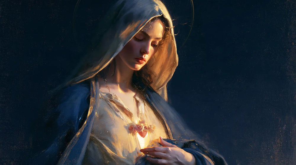 the Immaculate Heart of Mary in midnight-blue chiaroscuro in Midnight Blue Chiaroscuro style, landscape Christian artwork no. 15