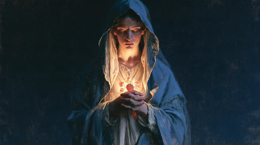 the Immaculate Heart of Mary in midnight-blue chiaroscuro in Midnight Blue Chiaroscuro style, landscape Christian artwork no. 17