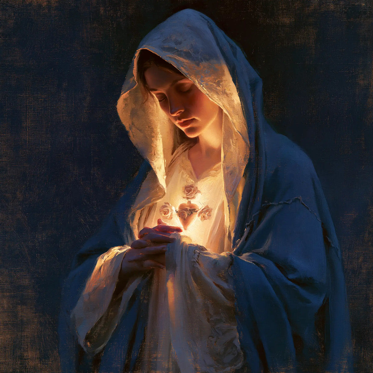 the Immaculate Heart of Mary in midnight-blue chiaroscuro in Midnight Blue Chiaroscuro style, square Christian artwork no. 6