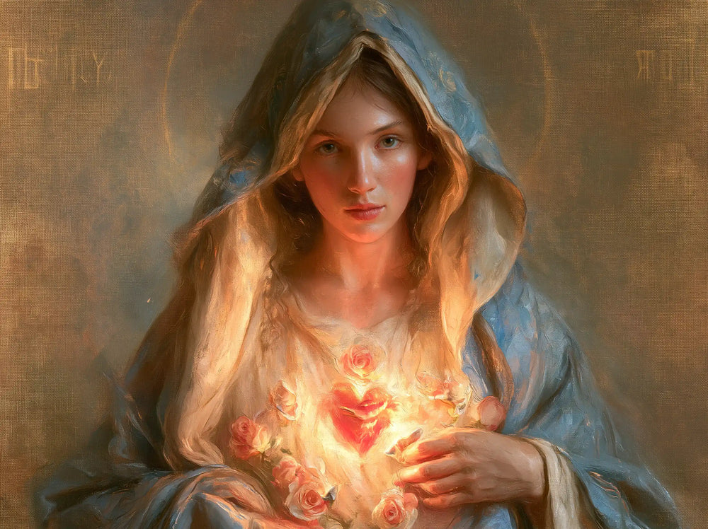 Mary with her Immaculate Heart in sacred maternal tenderness in Sacred Maternal Tenderness style, landscape Christian artwork no. 8