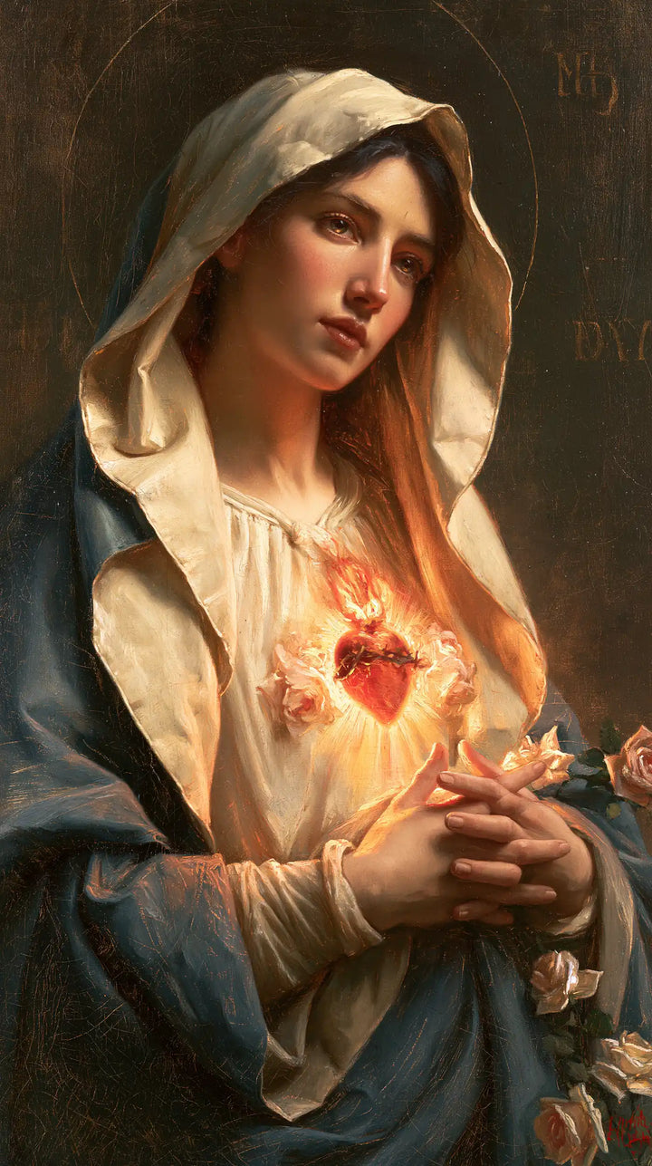 The Immaculate Heart of Mary — Peaceful Hands Beneath the Burning Heart