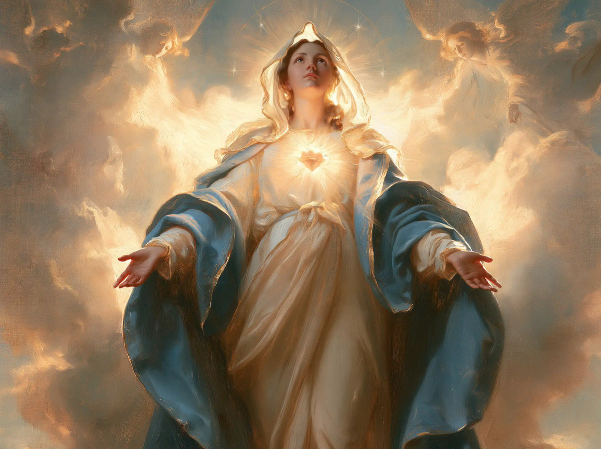 the Immaculate Heart of Mary in a monumental sacred view in Sacred Monumental View style, landscape Christian artwork no. 1