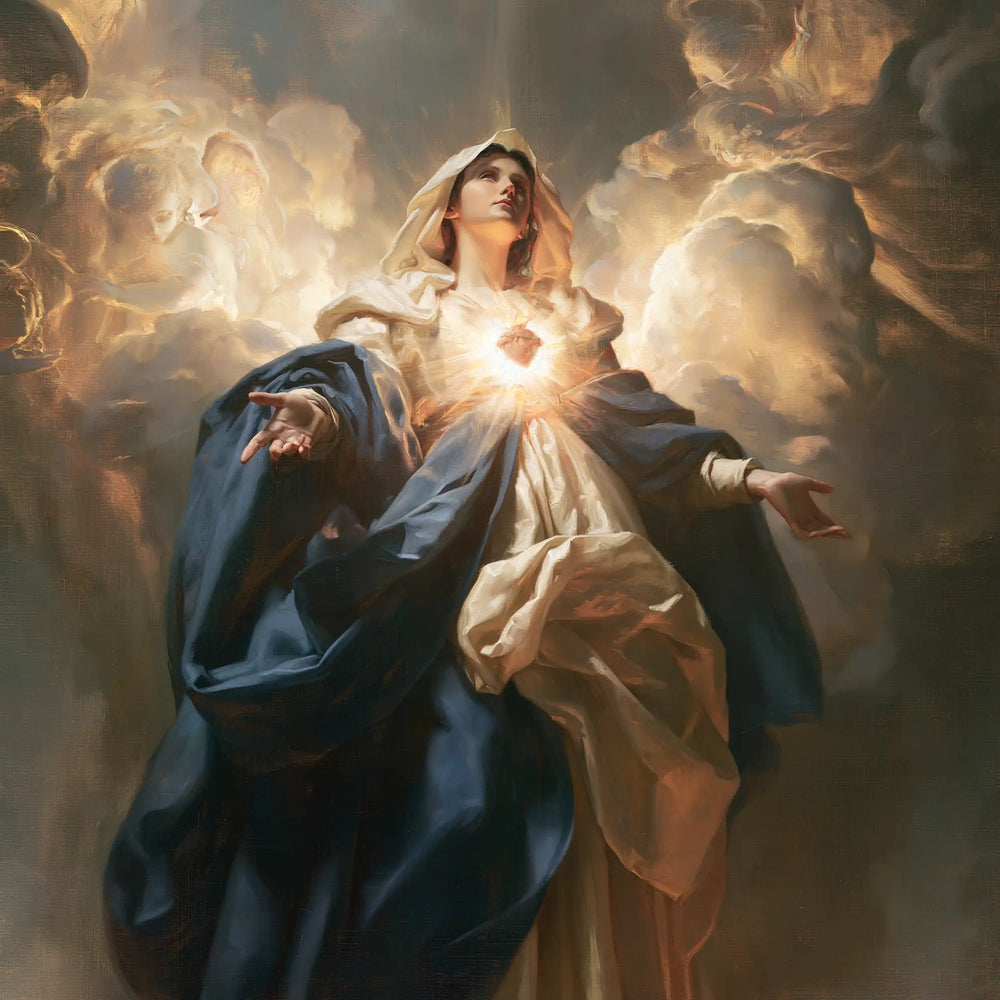 the Immaculate Heart of Mary in a monumental sacred view in Sacred Monumental View style, square Christian artwork no. 3