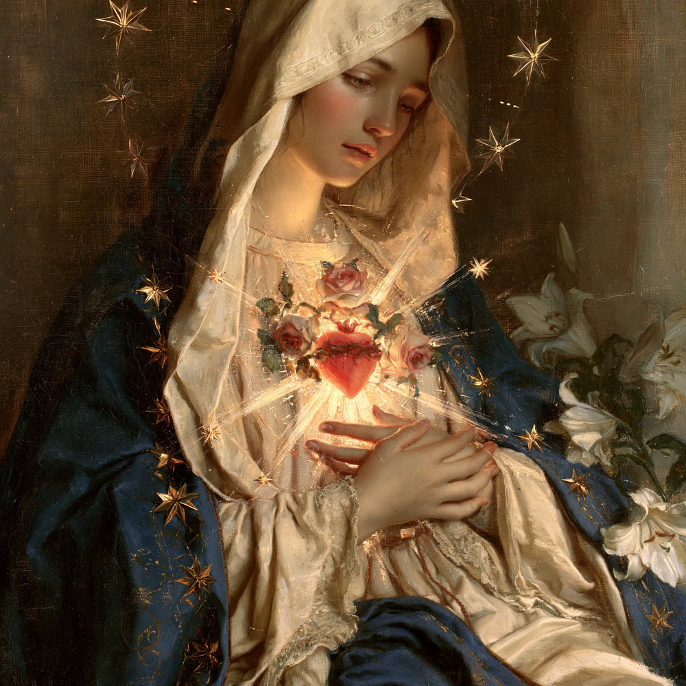 the Immaculate Heart of Mary in a symbolist composition in Symbolist style, square Christian artwork no. 5