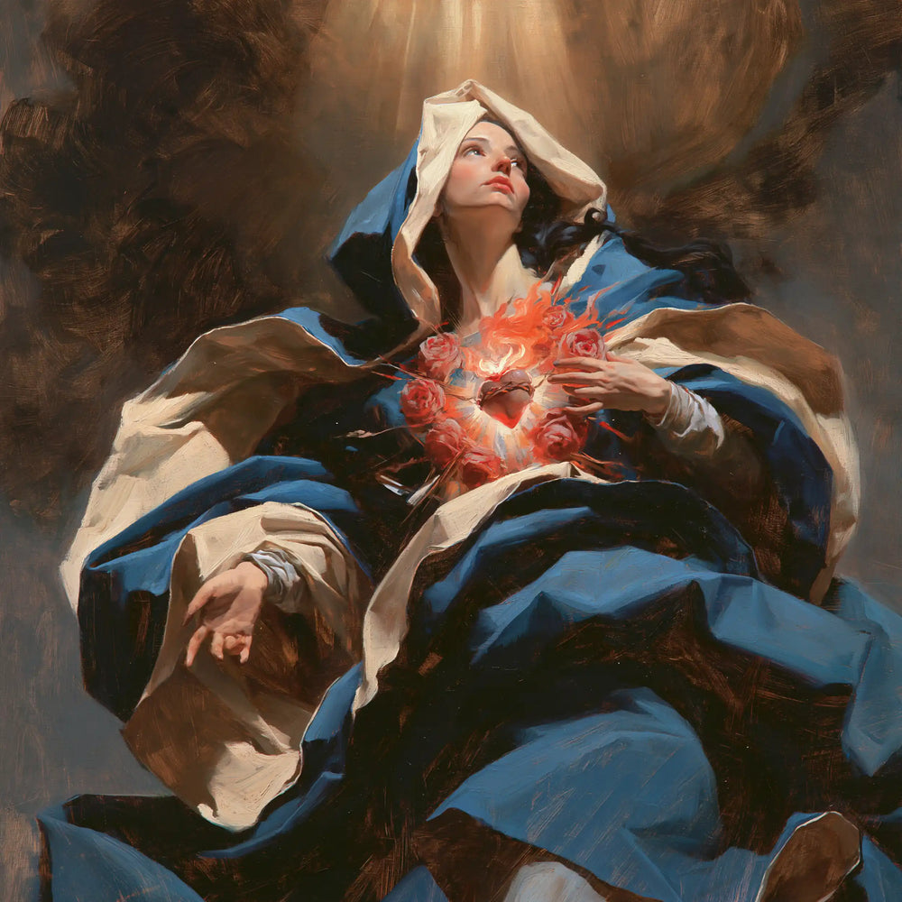 the Immaculate Heart of Mary in a theatrical Baroque scene in Theatrical Baroque style, square Christian artwork no. 11