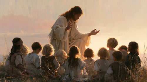 Jesus and the children gathered at dawn in Jesus and the Children at Dawn style, landscape Christian artwork no. 8