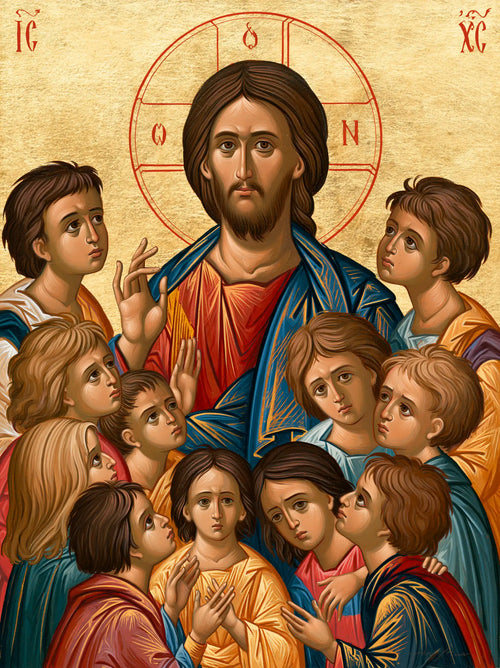 Jesus and the children in a contemporary Byzantine icon in Contemporary Byzantine style, portrait Christian artwork no. 10