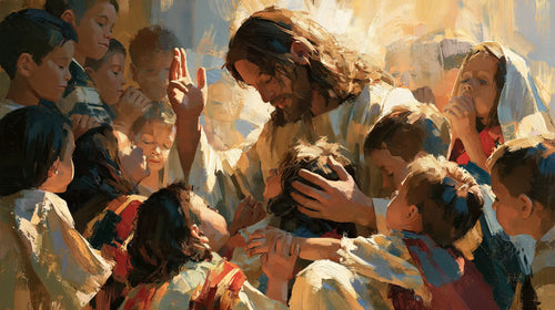 Jesus surrounded by children in an expressionist composition in Expressionist style, landscape Christian artwork no. 11
