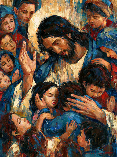 Jesus surrounded by children in an expressionist composition in Expressionist style, portrait Christian artwork no. 9