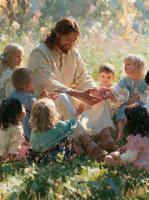 Jesus with children in an impressionist atmosphere in Impressionist style, portrait Christian artwork no. 11