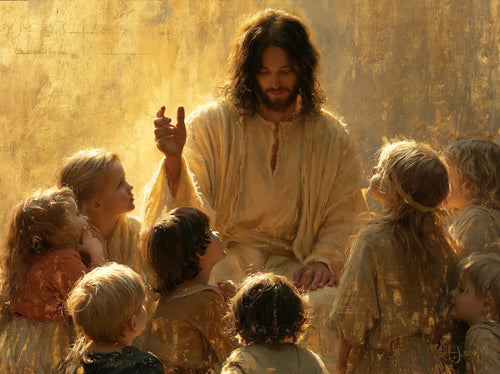 Jesus welcoming children in radiant golden light in Sacred Gold style, landscape Christian artwork no. 2