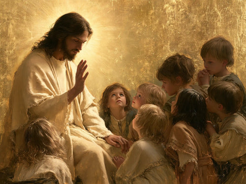 Jesus welcoming children in radiant golden light in Sacred Gold style, landscape Christian artwork no. 3