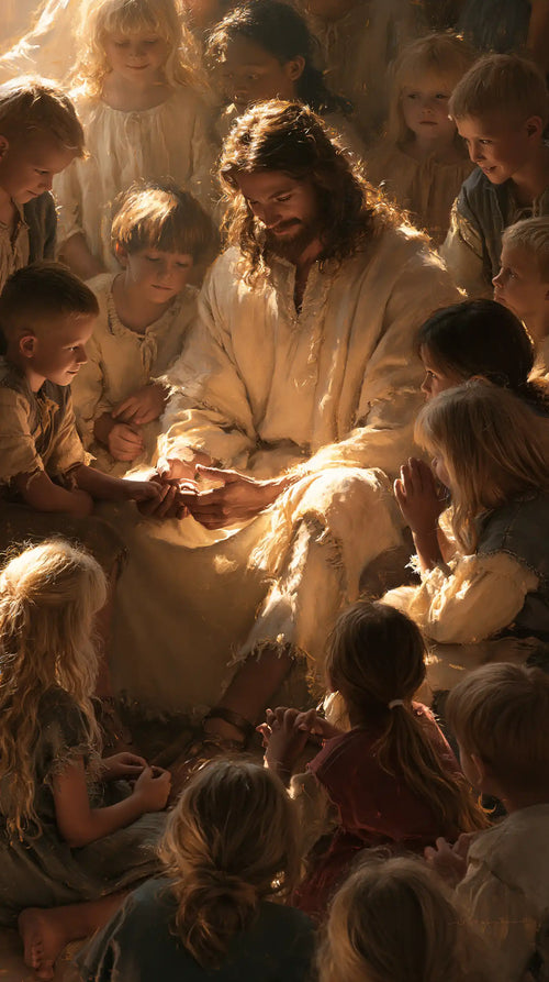 Jesus with children in a meditation on sacred innocence in Innocence as a Sacred Symbol style, portrait Christian artwork no. 6