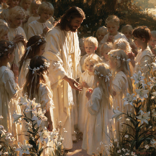 Jesus and the children in a symbolist composition in Symbolist style, square Christian artwork no. 2