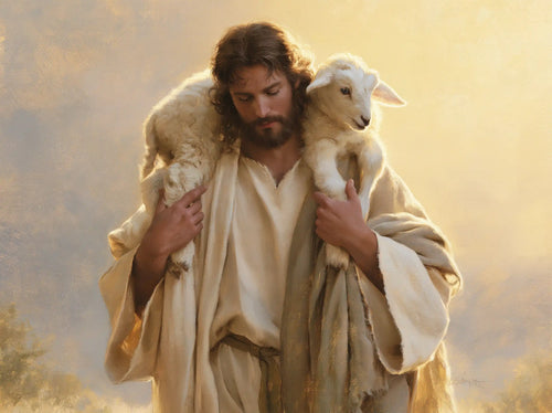 Jesus and the lamb in a cinematic biblical landscape in Biblical Cinema style, landscape Christian artwork no. 6