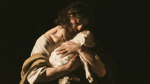 Jesus with a lamb in dramatic chiaroscuro in Caravaggio Tenebrism style, landscape Christian artwork no. 3