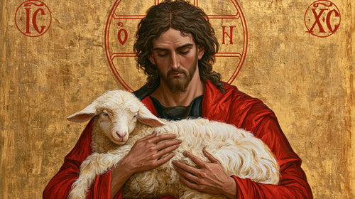 Jesus and the lamb in a contemporary Byzantine icon in Contemporary Byzantine style, landscape Christian artwork no. 8