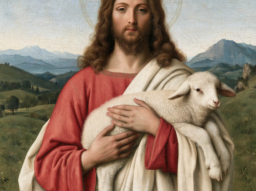 Jesus with a lamb in Florentine Renaissance style in Florentine Renaissance style, landscape Christian artwork no. 1