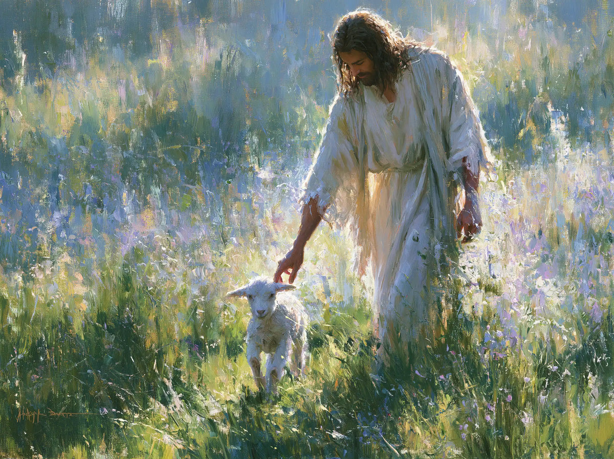 Jesus and the Lamb — Gentleness Beside the Mauve Flowers