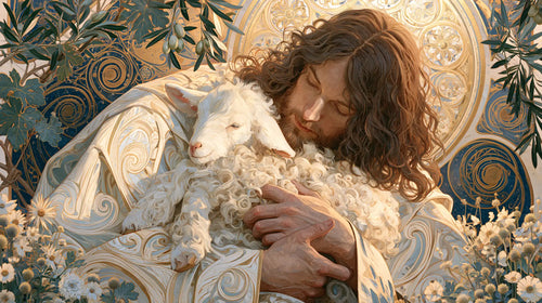 Jesus and the lamb framed by sacred Art Nouveau ornament in Sacred Art Nouveau style, landscape Christian artwork no. 14