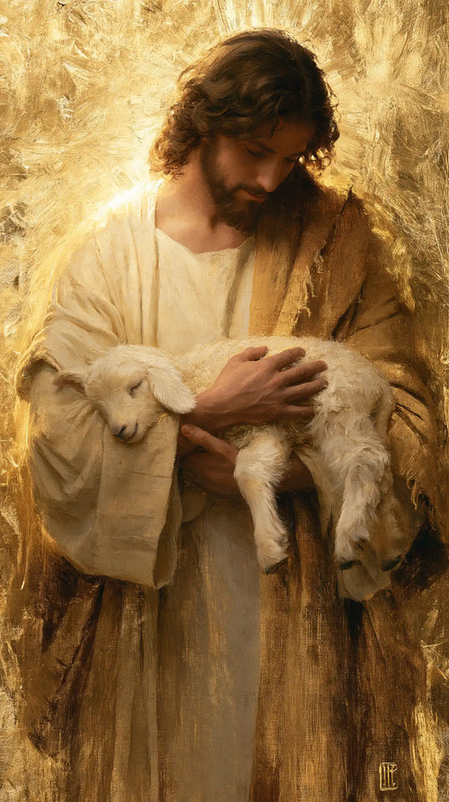 Jesus with a lamb in sacred golden light in Sacred Gold style, portrait Christian artwork no. 3