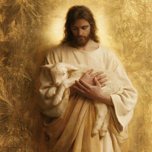 Jesus with a lamb in sacred golden light in Sacred Gold style, square Christian artwork no. 1