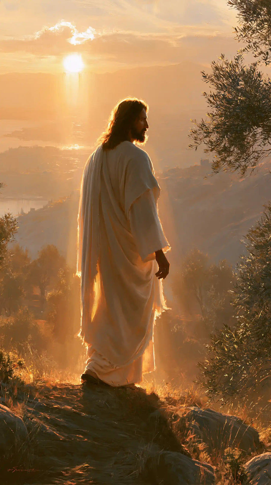 Jesus walking along a hillside at sunset in Sacred Silence style, portrait Christian artwork no. 5