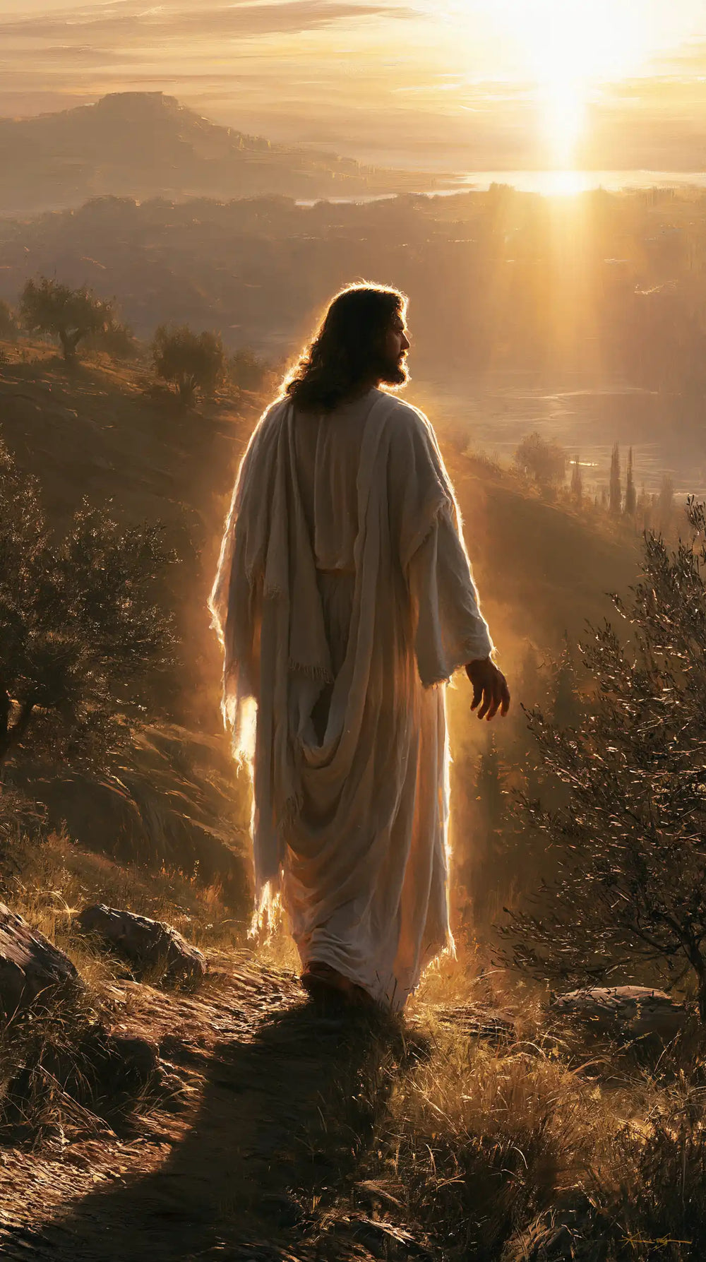 Jesus walking along a hillside at sunset in Sacred Silence style, portrait Christian artwork no. 17