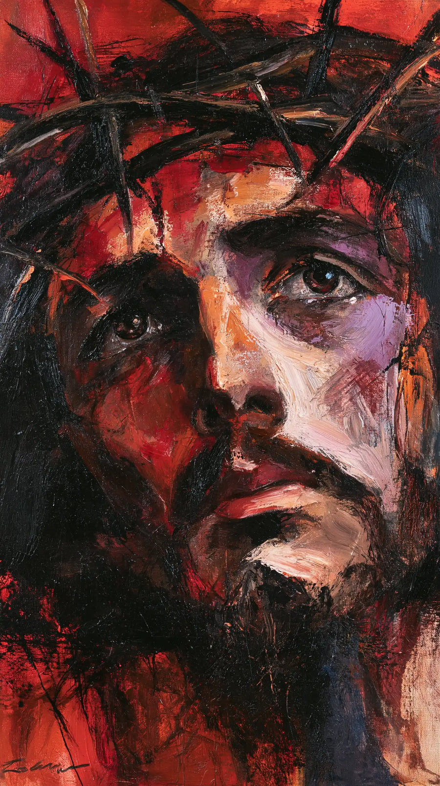 Jesus Crowned with Thorns — The Face between Mauve Blades