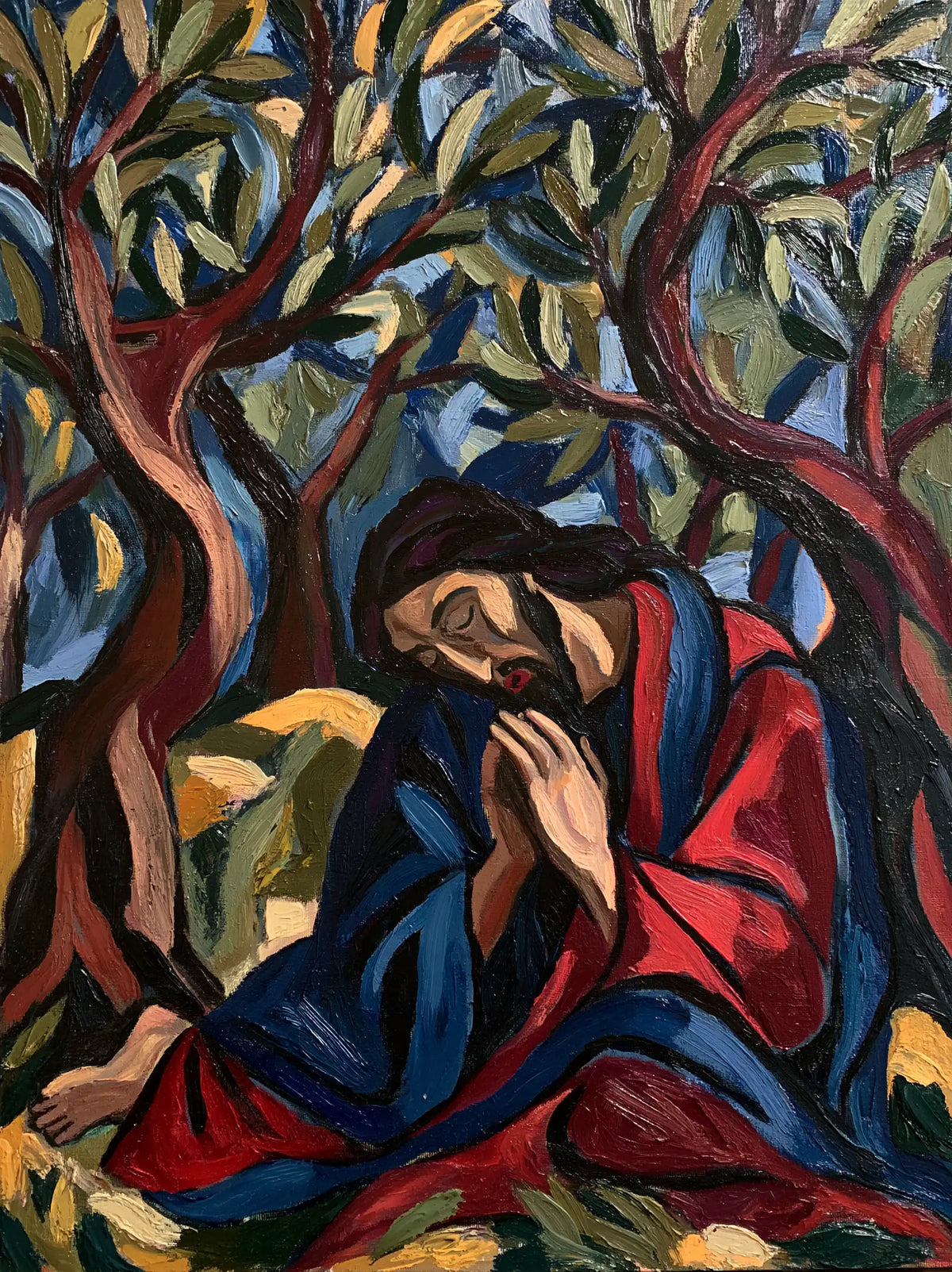 Jesus in Gethsemane — Reverence in Red and Cobalt