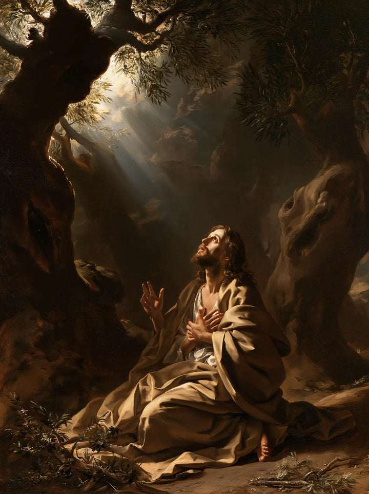 Jesus in Gethsemane — Open Hands toward Amber Daylight