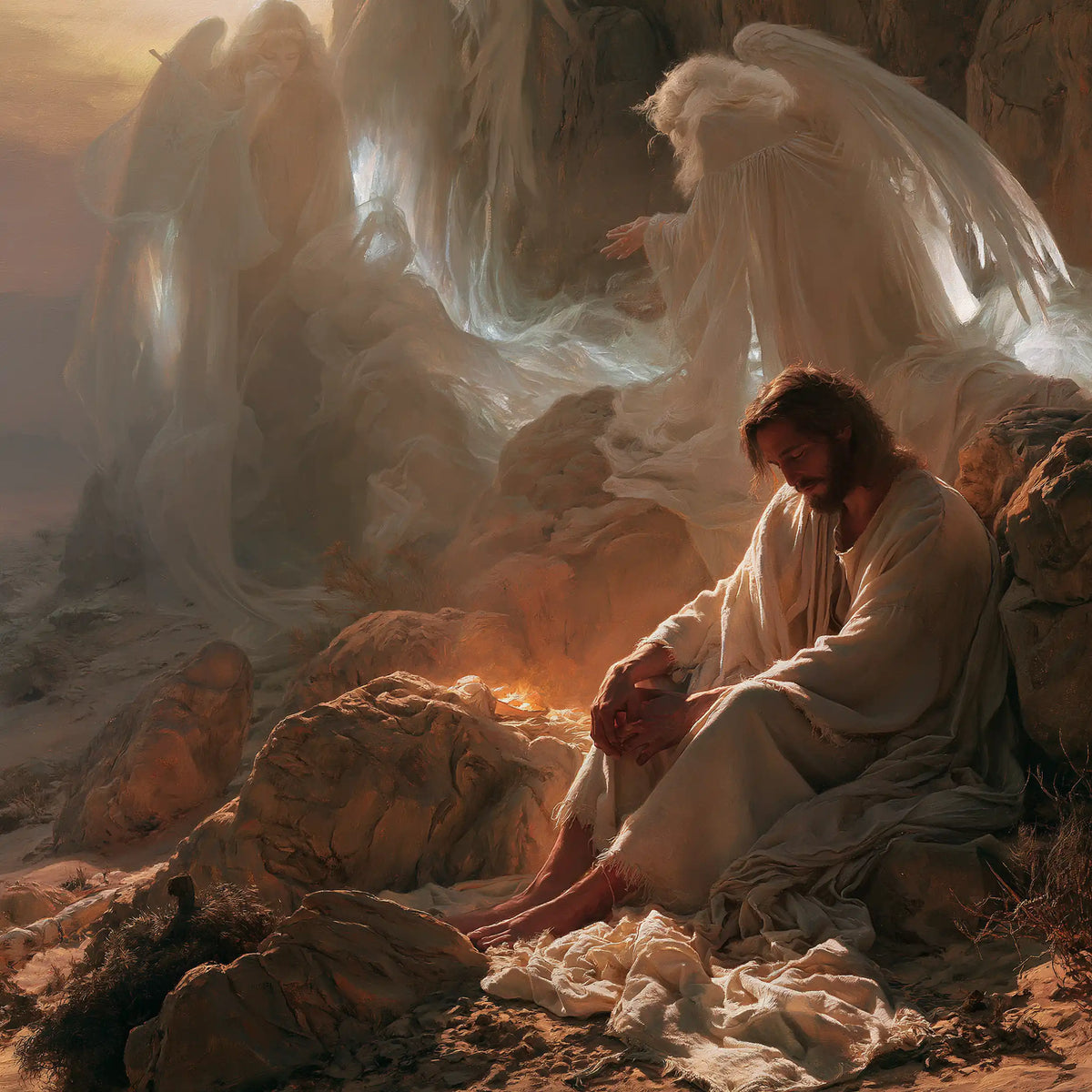 Jesus in the Desert — Hands Joined in the Light of Stones