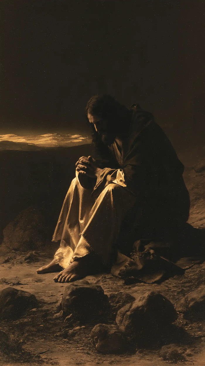 Jesus in the Desert — Prayer Amid Black Stones