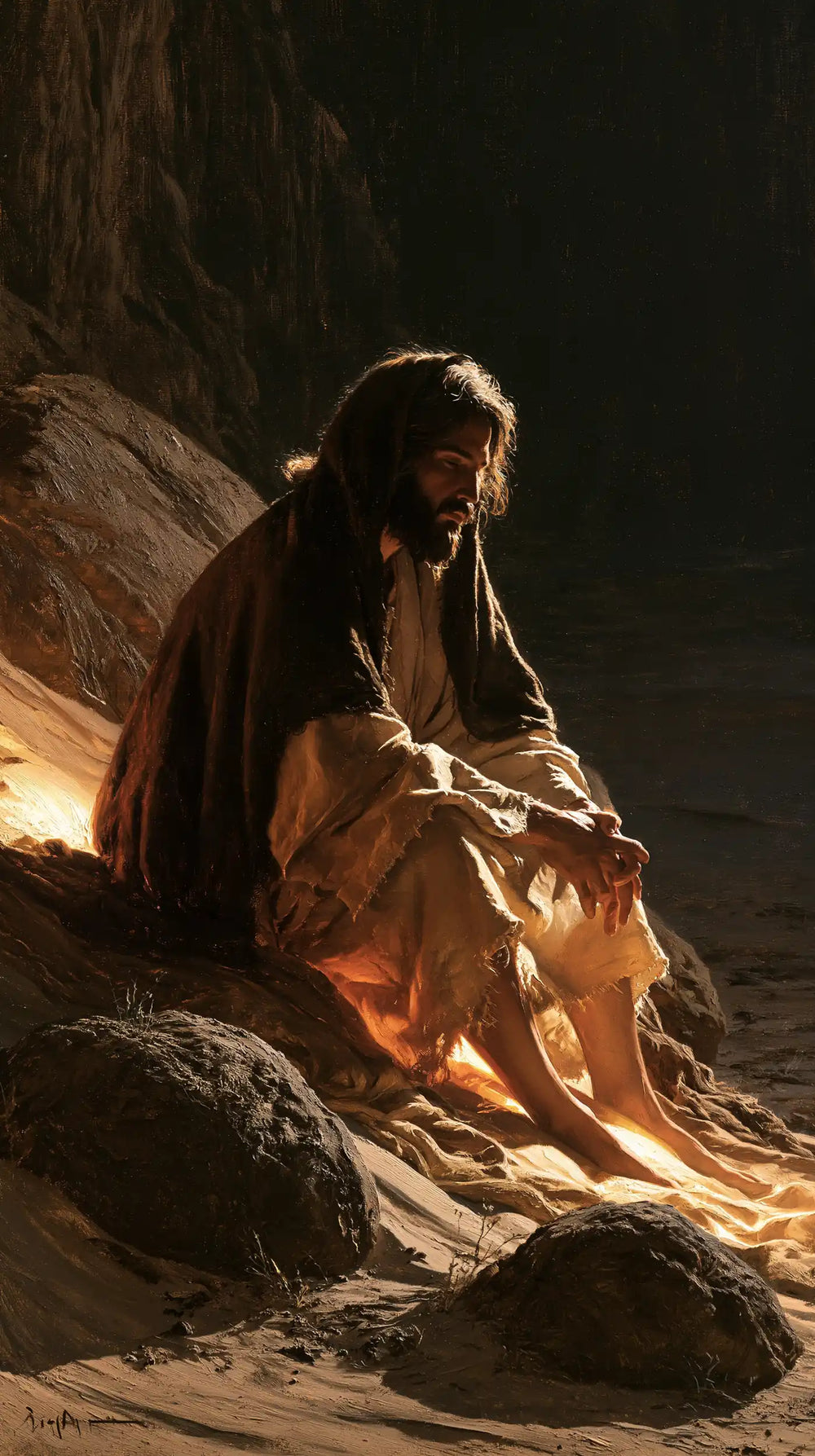 Christ appearing as divine light in the desert in Christ as Divine Light style, portrait Christian artwork no. 8