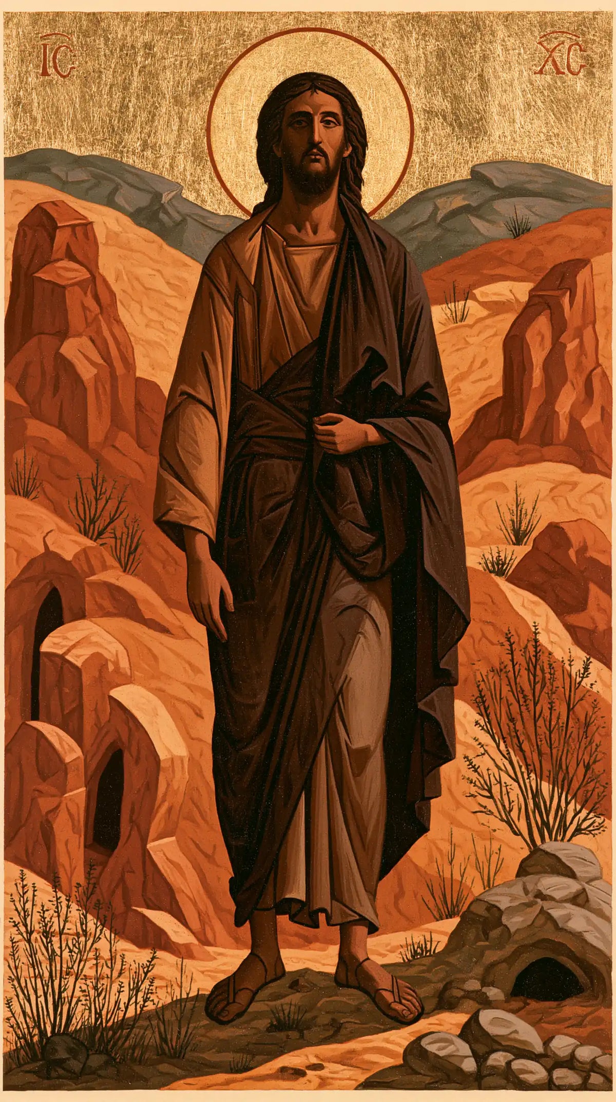 Jesus in the desert during the temptation in Contemporary Byzantine style, portrait Christian artwork no. 8