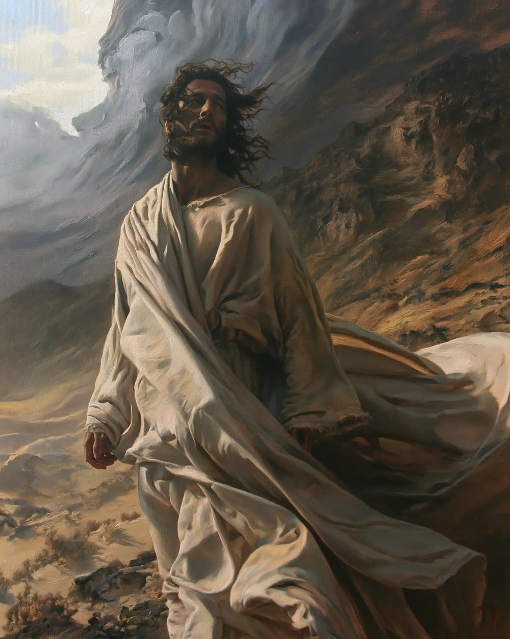 Jesus confronting an inner spiritual struggle in the desert in The Inner Struggle style, portrait Christian artwork no. 36