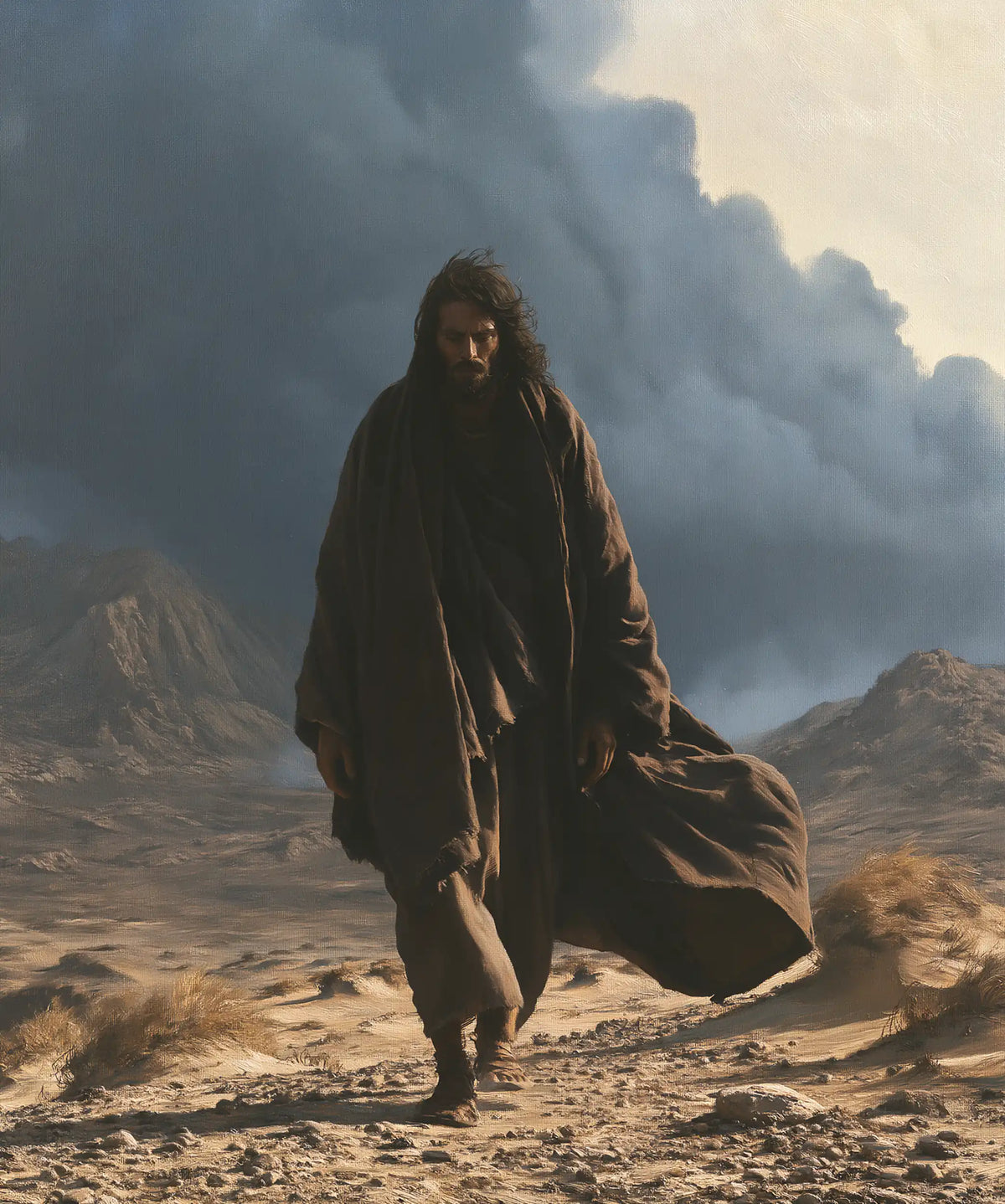 Jesus in the Desert — The Shadowed Step upon the Sunlit Earth