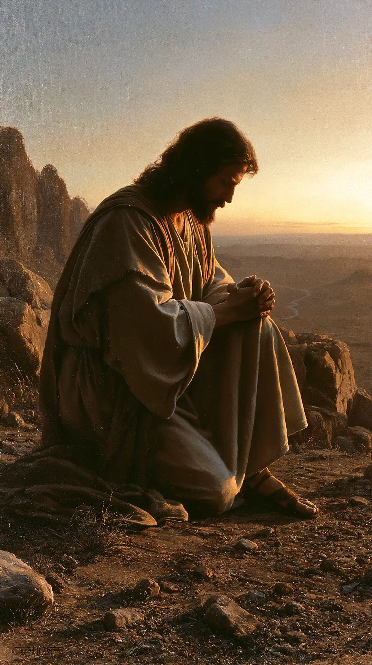 Jesus praying alone in the desert in Jesus in Prayer style, portrait Christian artwork no. 20