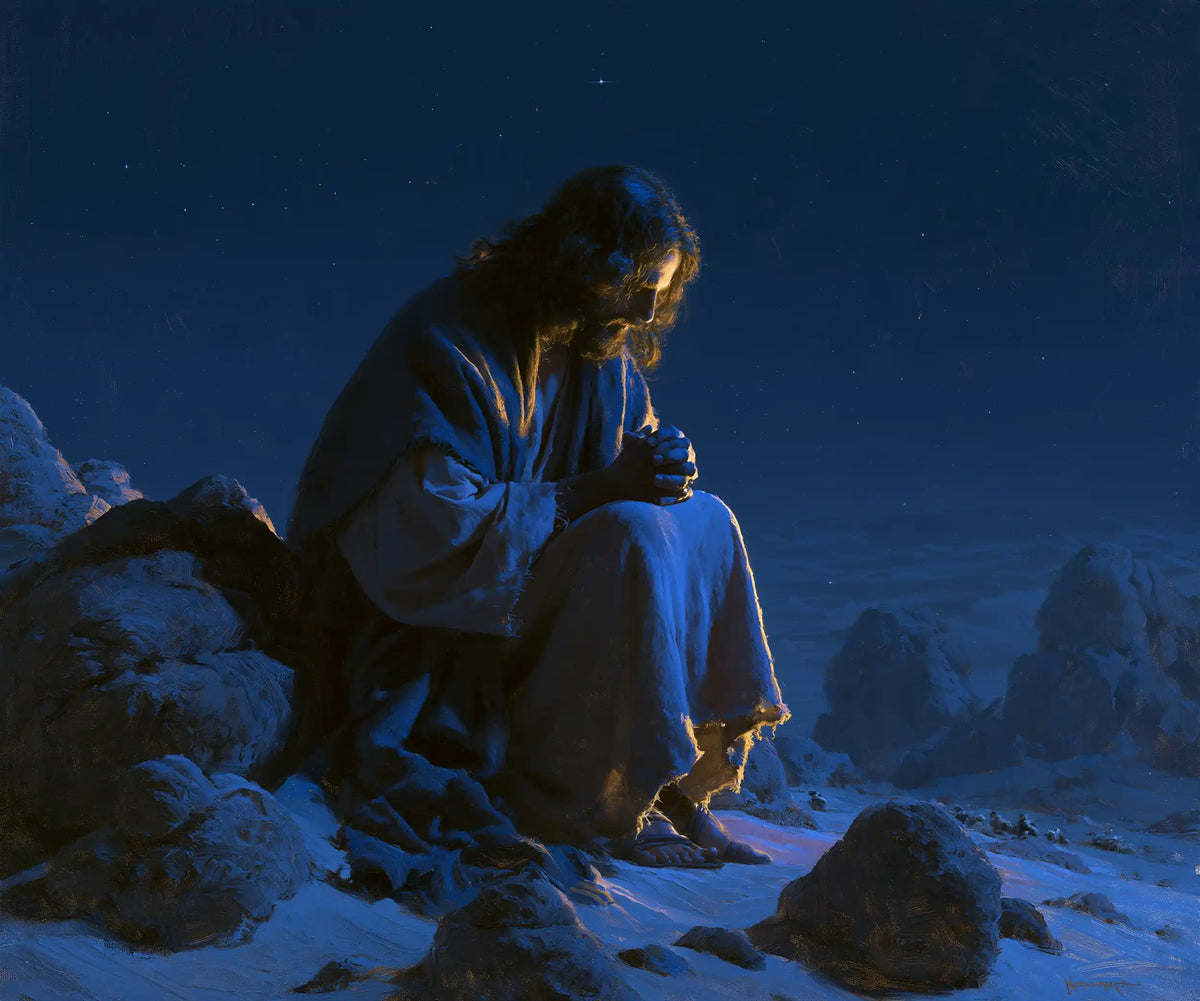 Jesus in the desert during the temptation in Midnight Blue Chiaroscuro style, landscape Christian artwork no. 1