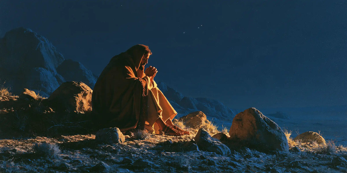Jesus in the desert during the temptation in Midnight Blue Chiaroscuro style, landscape Christian artwork no. 17