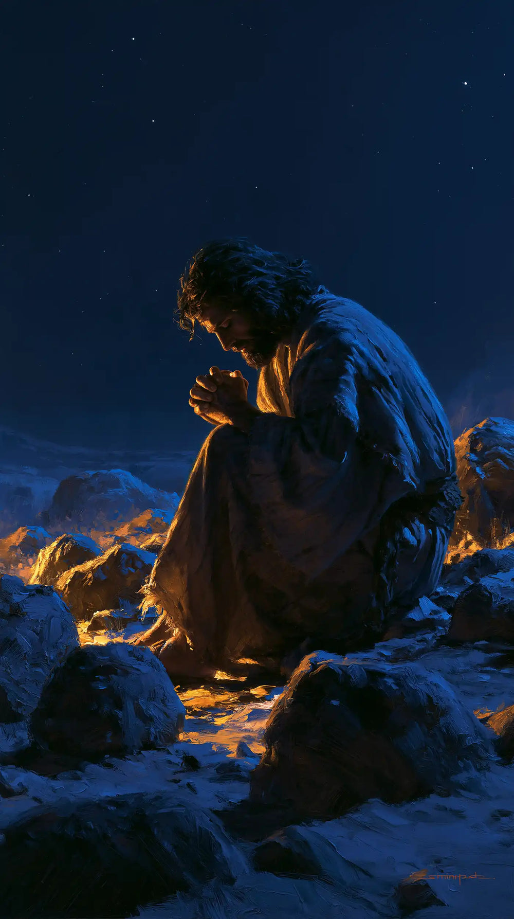 Jesus in the desert during the temptation in Midnight Blue Chiaroscuro style, portrait Christian artwork no. 7