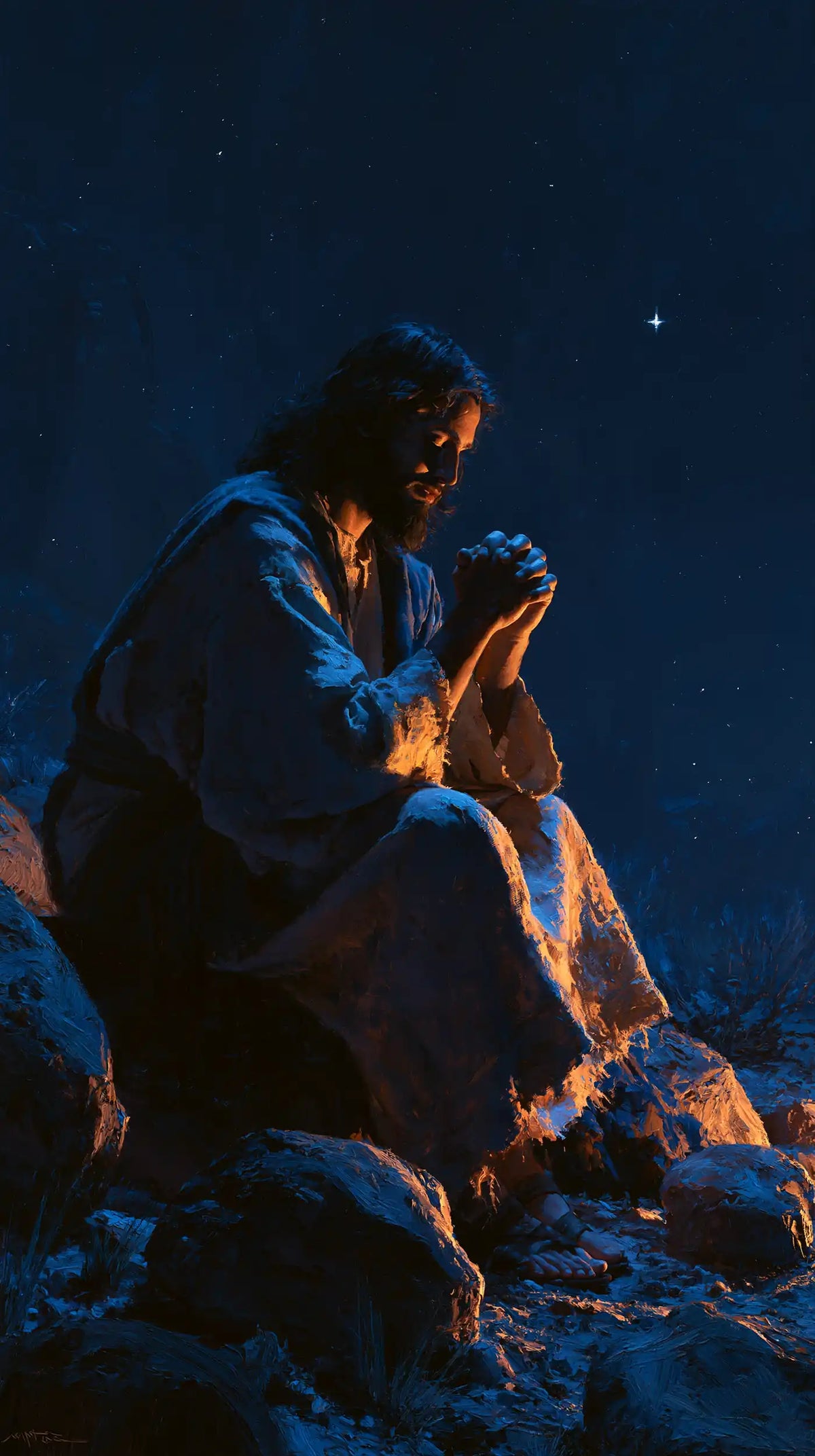 Jesus in the desert during the temptation in Midnight Blue Chiaroscuro style, portrait Christian artwork no. 23