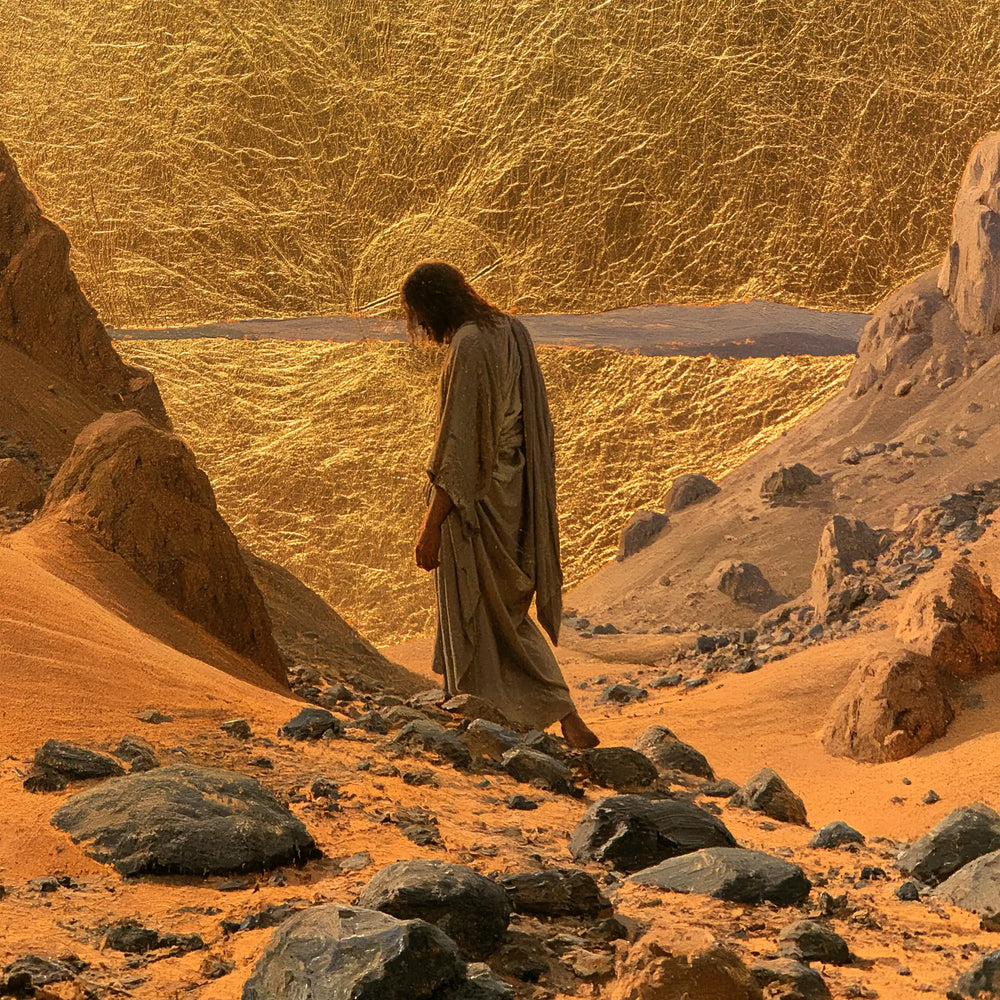 Jesus in the desert during the temptation in Sacred Gold style, square Christian artwork no. 1
