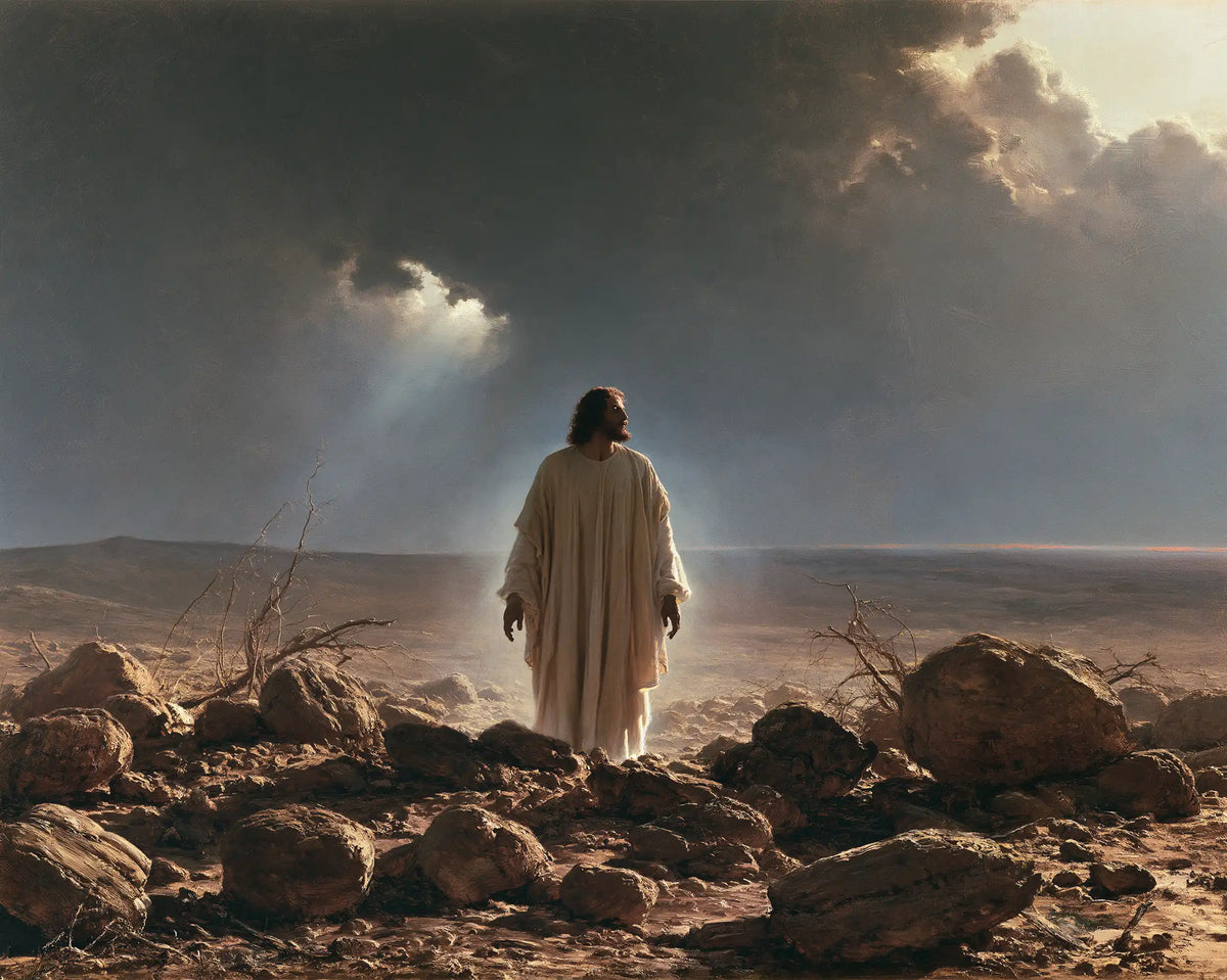 Jesus in the Desert — Open Hands beneath the Divided Sky
